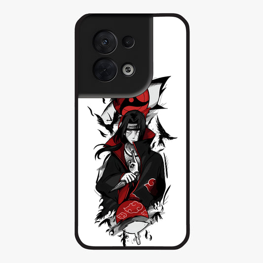 Itachi Sharingan Glass Case showing flat back view with powerful anime eye artwork and glossy glass finish.