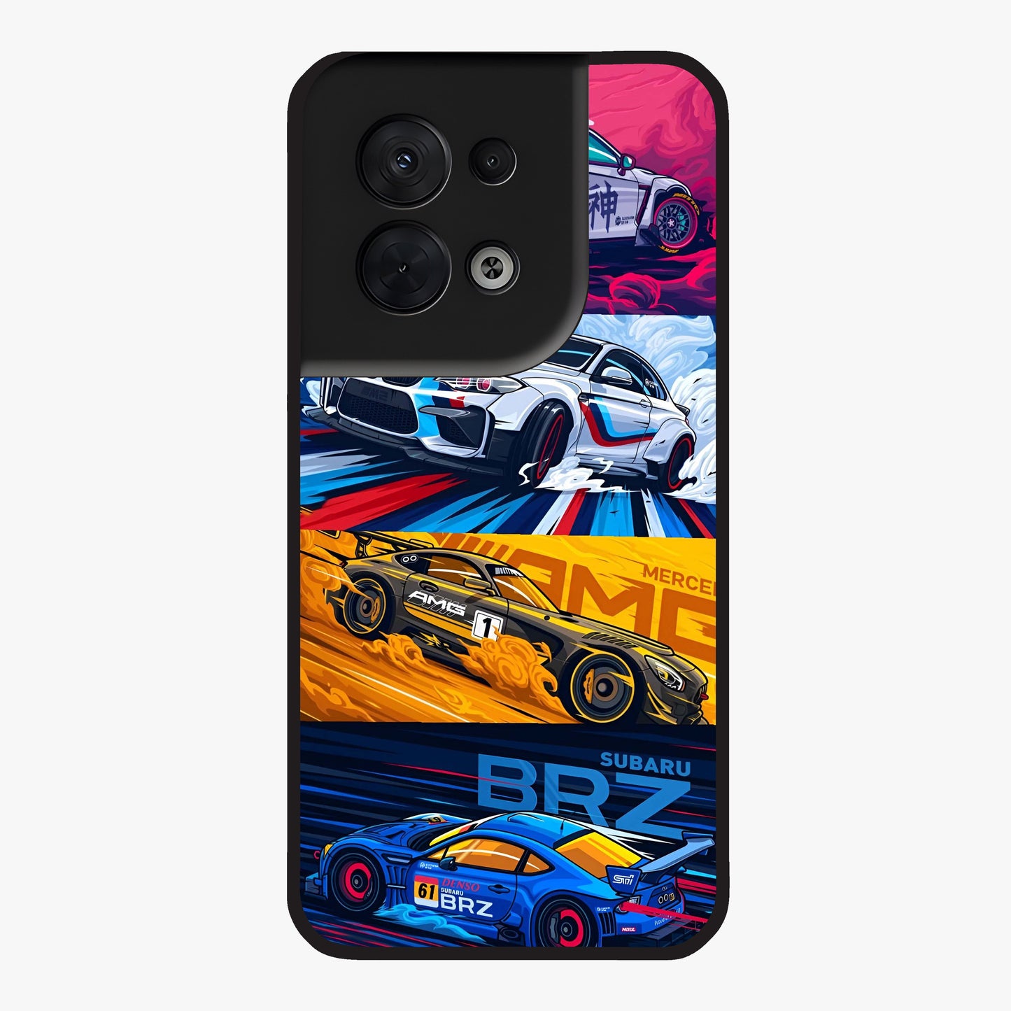 JDM Sports Car Glass Case showing flat back view with high performance sports car artwork and glossy glass finish.