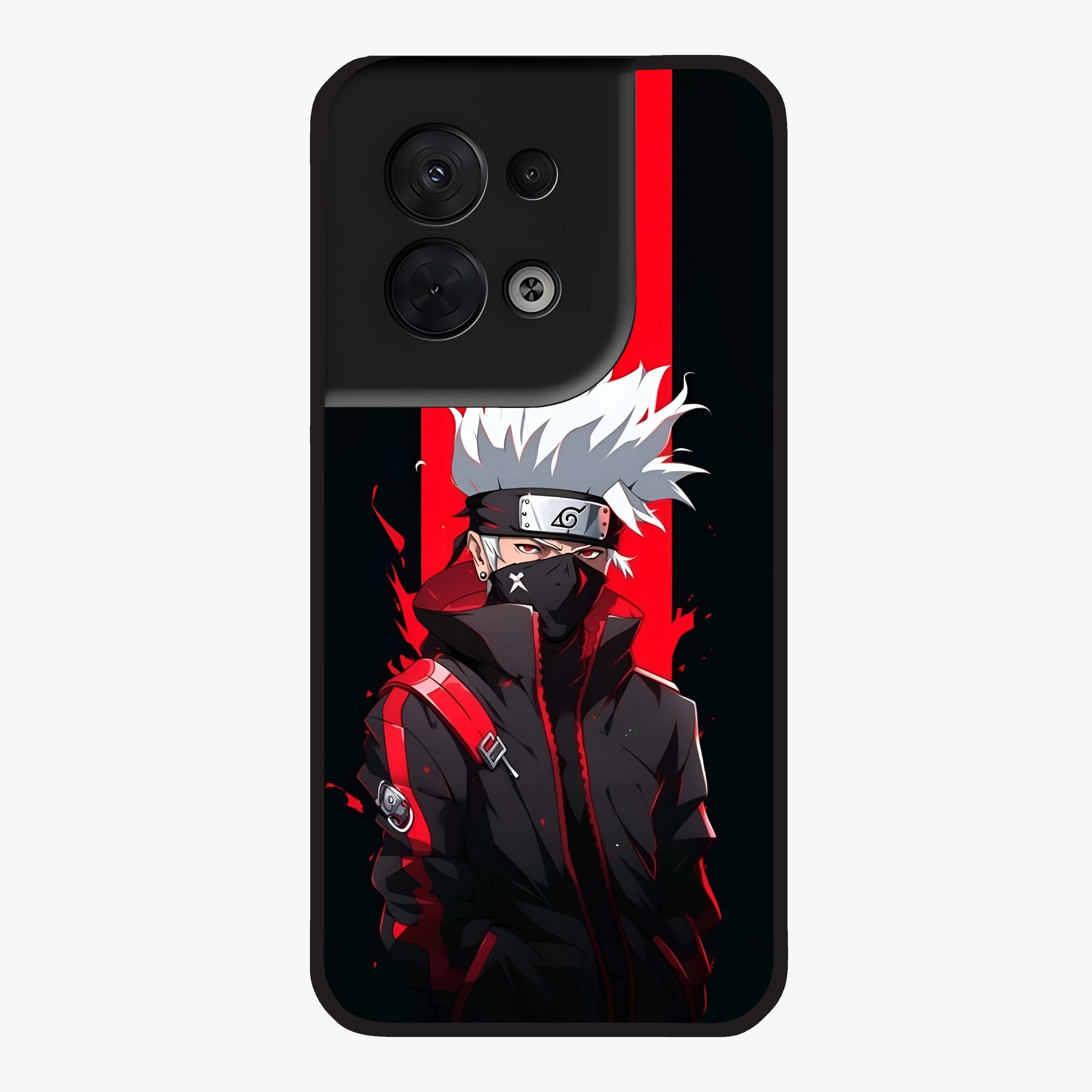Kakashi Scarlet Shadow Glass Case showing flat back view with powerful anime ninja artwork and glossy glass finish.
