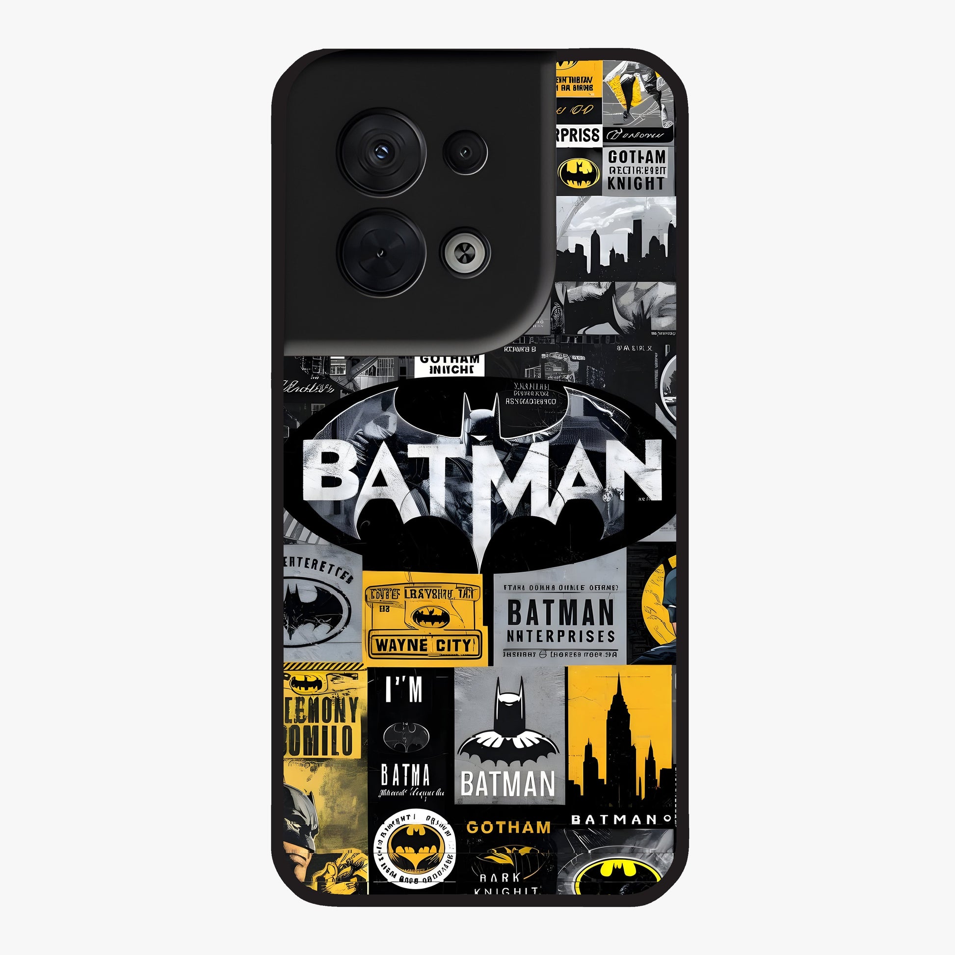 Knight Gotham Rise Glass Case showing flat back view with dark hero inspired artwork and glossy glass finish.