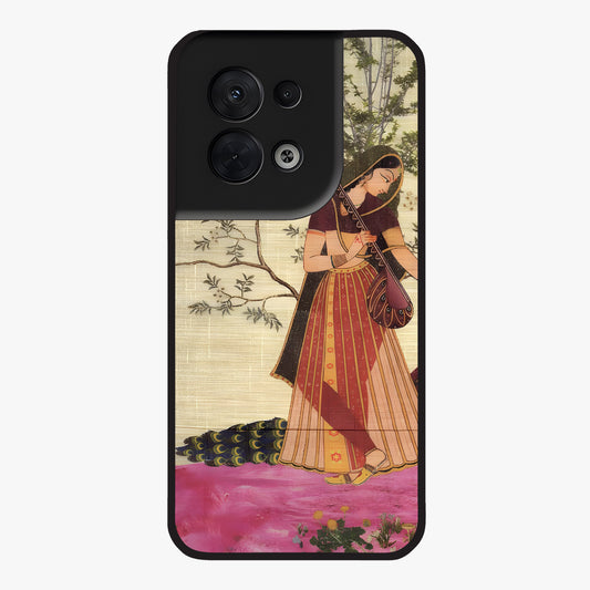 Lady With Veena Art Glass Case showing flat back view with elegant woman playing veena artwork and glossy glass finish.