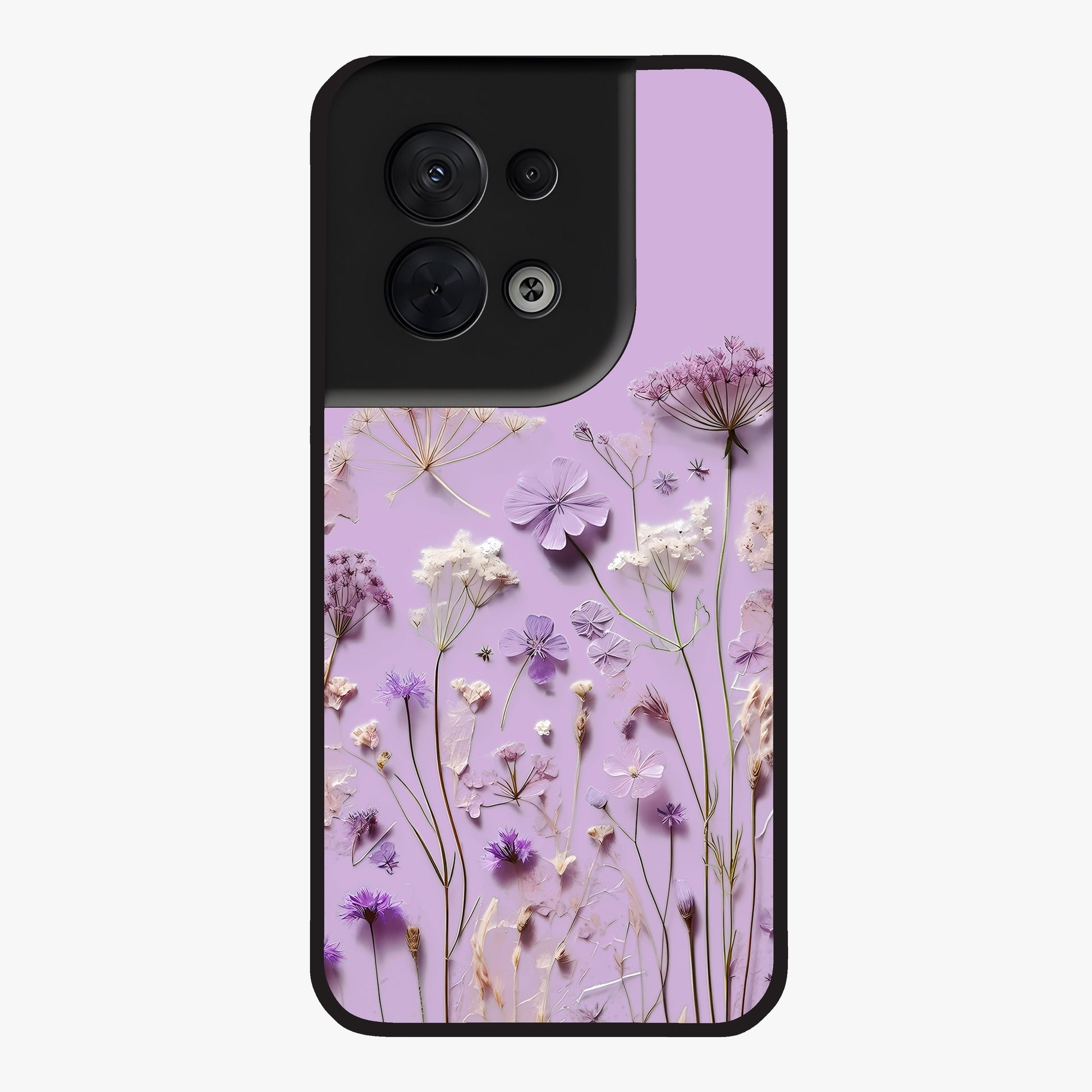 Lavender Blossom Dream Glass Case showing flat back view with soft lavender floral artwork and glossy glass finish.