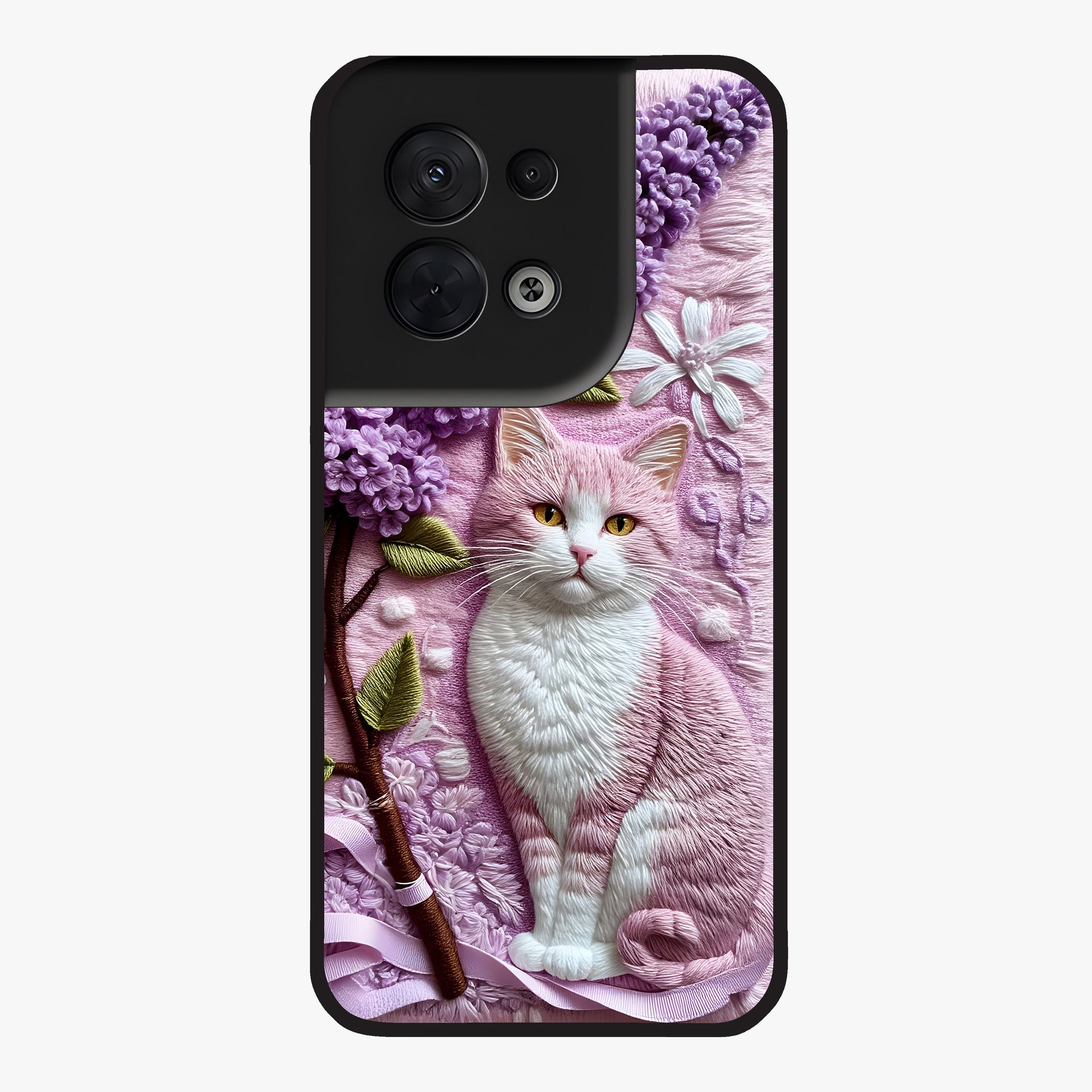 Lavender Cat Whimsy Glass Case showing flat back view with cute lavender cat artwork and glossy glass finish.