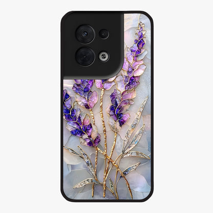 Lavender Dream Glow Glass Case showing flat back view with glowing lavender aesthetic artwork and glossy glass finish.