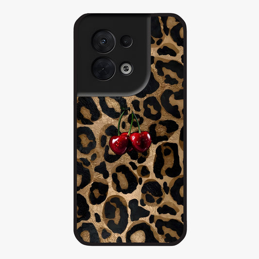 Leopard Wild Cherry Glass Case showing flat back view with leopard pattern and cherry artwork and glossy glass finish.