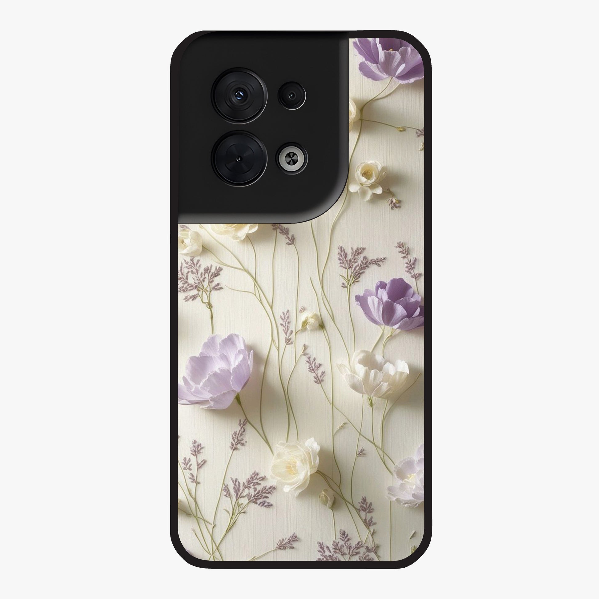 Lilac Breeze Harmony Glass Case showing flat back view with soft lilac themed artwork and glossy glass finish.