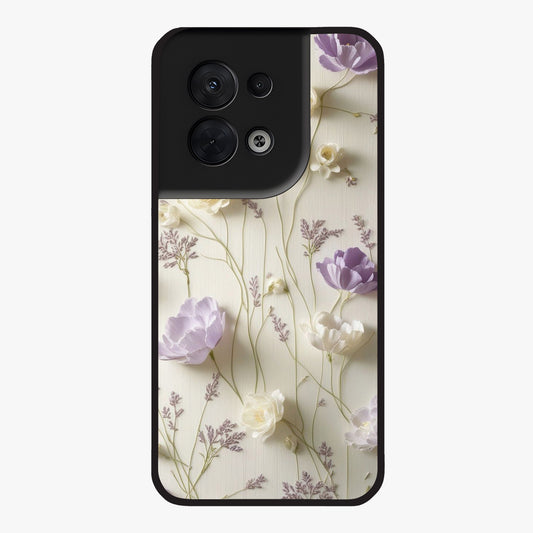 Lilac Breeze Harmony Glass Case showing flat back view with soft lilac themed artwork and glossy glass finish.