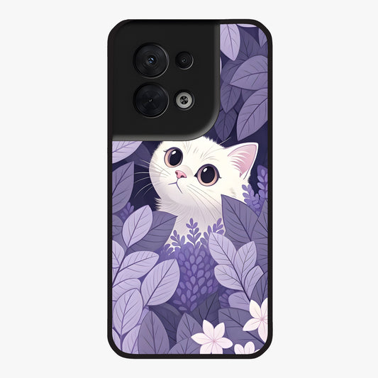Lilac Hide Peek Cat Glass Case showing flat back view with cute peeking cat artwork and glossy glass finish.