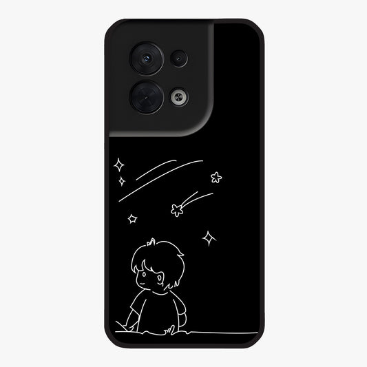 Line Art Boy With Shooting Stars Glass Case showing flat back view with minimal line art boy and shooting stars illustration and glossy glass finish.