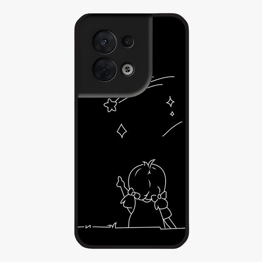 Line Art Girl With Shooting Stars Glass Case showing flat back view with minimal line art girl and shooting stars illustration and glossy glass finish.