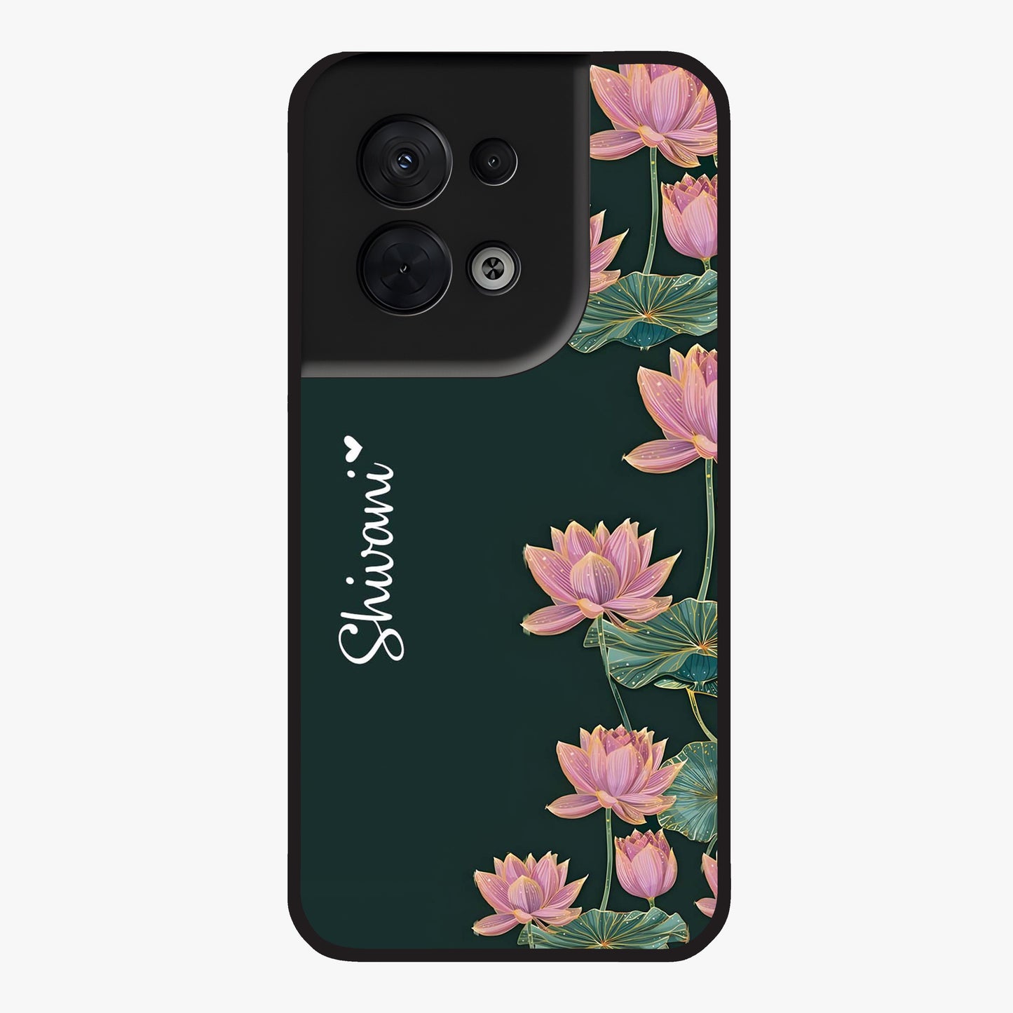 Lotus Bloom Serenity Custom Name Glass Case showing flat back view with elegant lotus flower artwork and personalized name design.