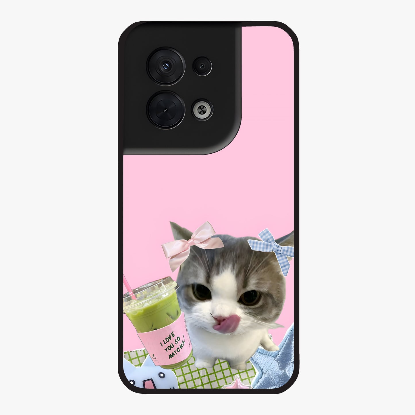 Love Matcha Cat Glass Case showing flat back view with cute cat and matcha themed artwork and glossy glass finish.