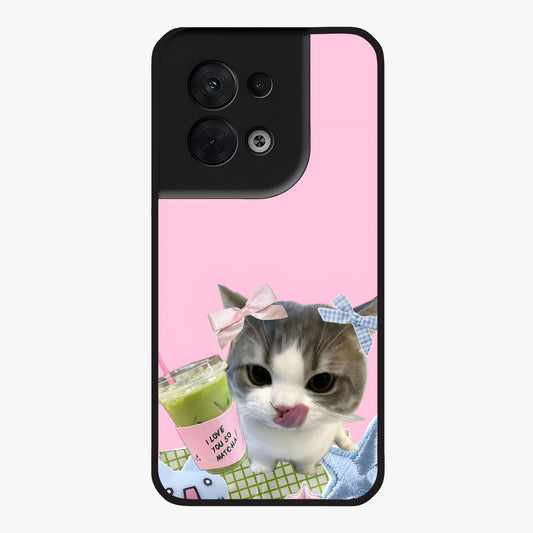 Love Matcha Cat Glass Case showing flat back view with cute cat and matcha themed artwork and glossy glass finish.