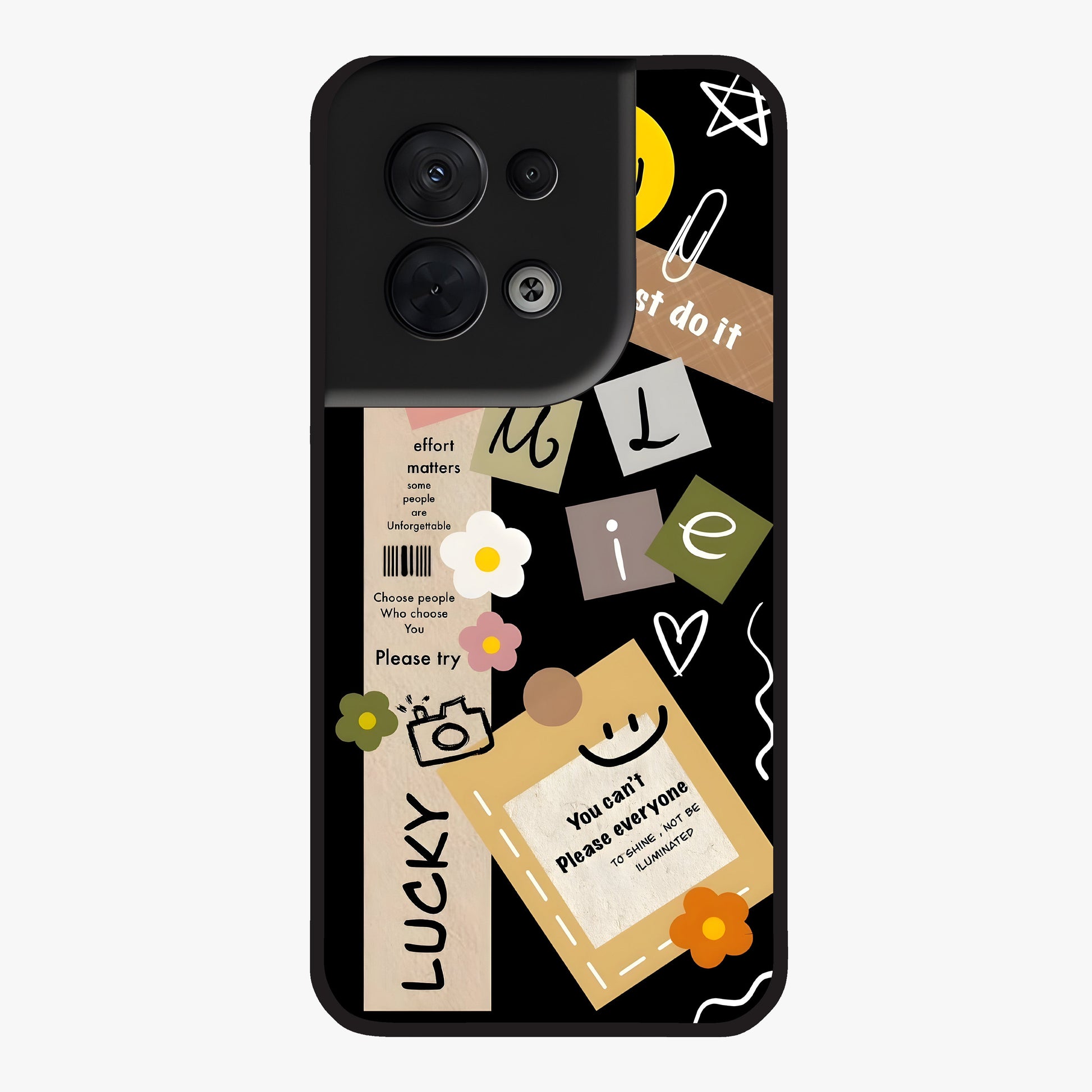 Lucky Aesthetic Collage Glass Case showing flat back view with trendy aesthetic collage artwork and glossy glass finish.