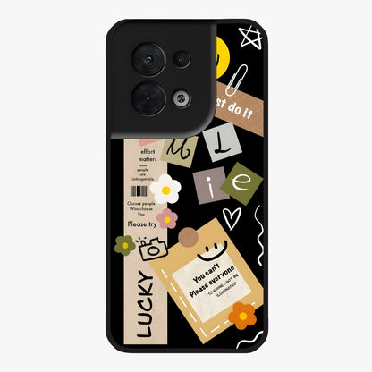 Lucky Aesthetic Collage Glass Case showing flat back view with trendy aesthetic collage artwork and glossy glass finish.