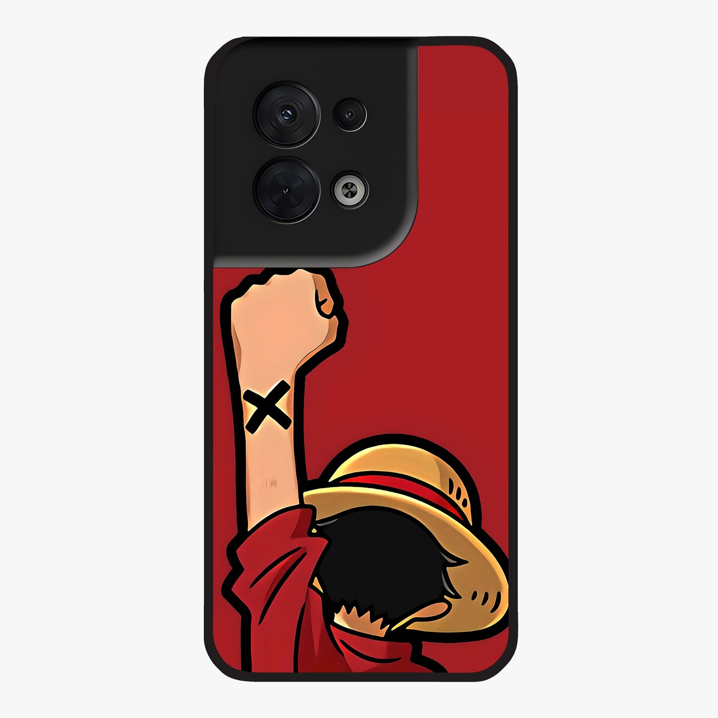 Luffy X Spirit Glass Case showing flat back view with bold anime character artwork and glossy glass finish.
