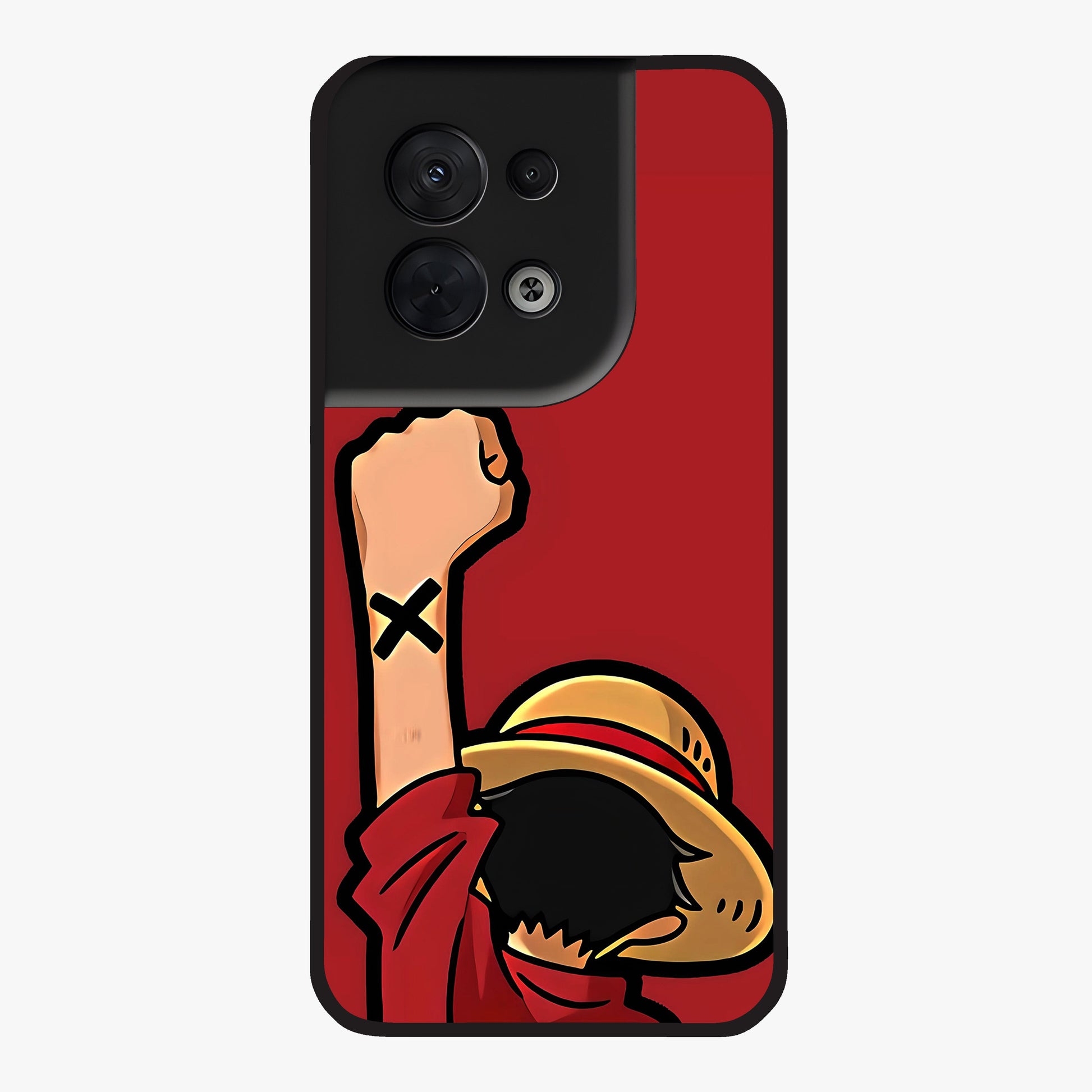 Luffy X Spirit Glass Case showing flat back view with bold anime character artwork and glossy glass finish.