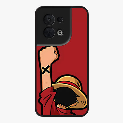 Luffy X Spirit Glass Case showing flat back view with bold anime character artwork and glossy glass finish.