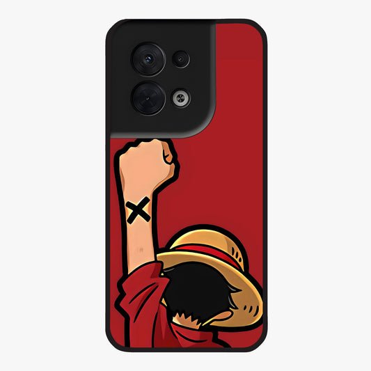 Luffy X Spirit Glass Case showing flat back view with bold anime character artwork and glossy glass finish.