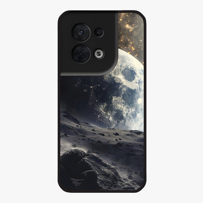 Lunar Horizon Glow Glass Case showing flat back view with glowing moon horizon artwork and glossy glass finish.