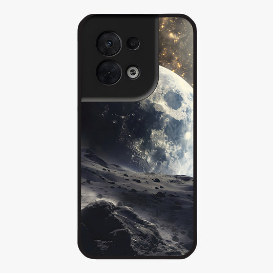Lunar Horizon Glow Glass Case showing flat back view with glowing moon horizon artwork and glossy glass finish.