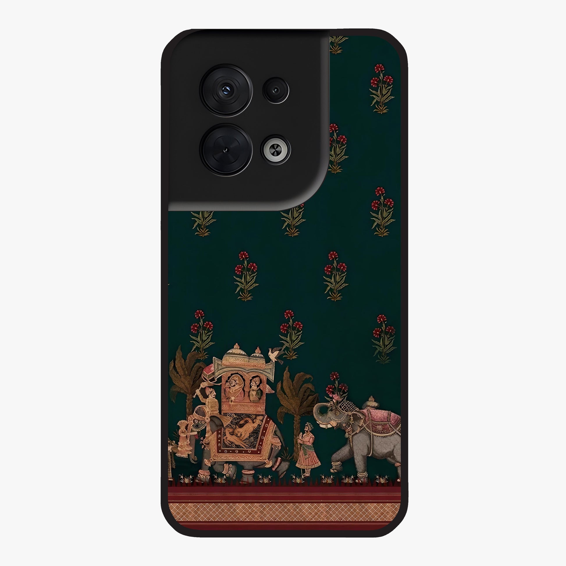Macmerise Glass Case showing flat back view with stylish modern artwork and glossy glass finish.