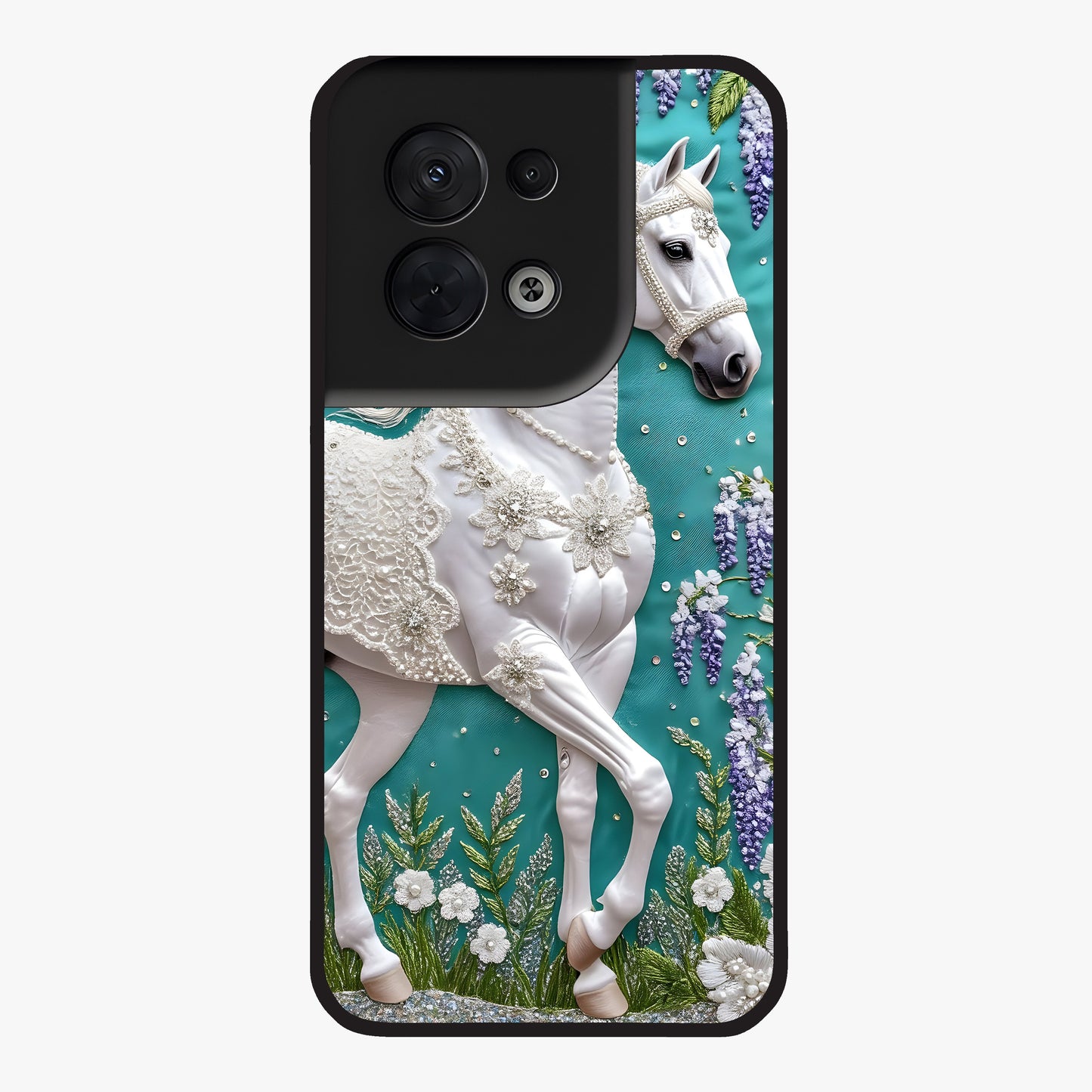 Majestic Floral Stallion Glass Case showing flat back view with powerful horse and floral artwork and glossy glass finish.