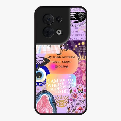 Manifestation Collage Glass Case showing flat back view with motivational collage artwork and glossy glass finish.