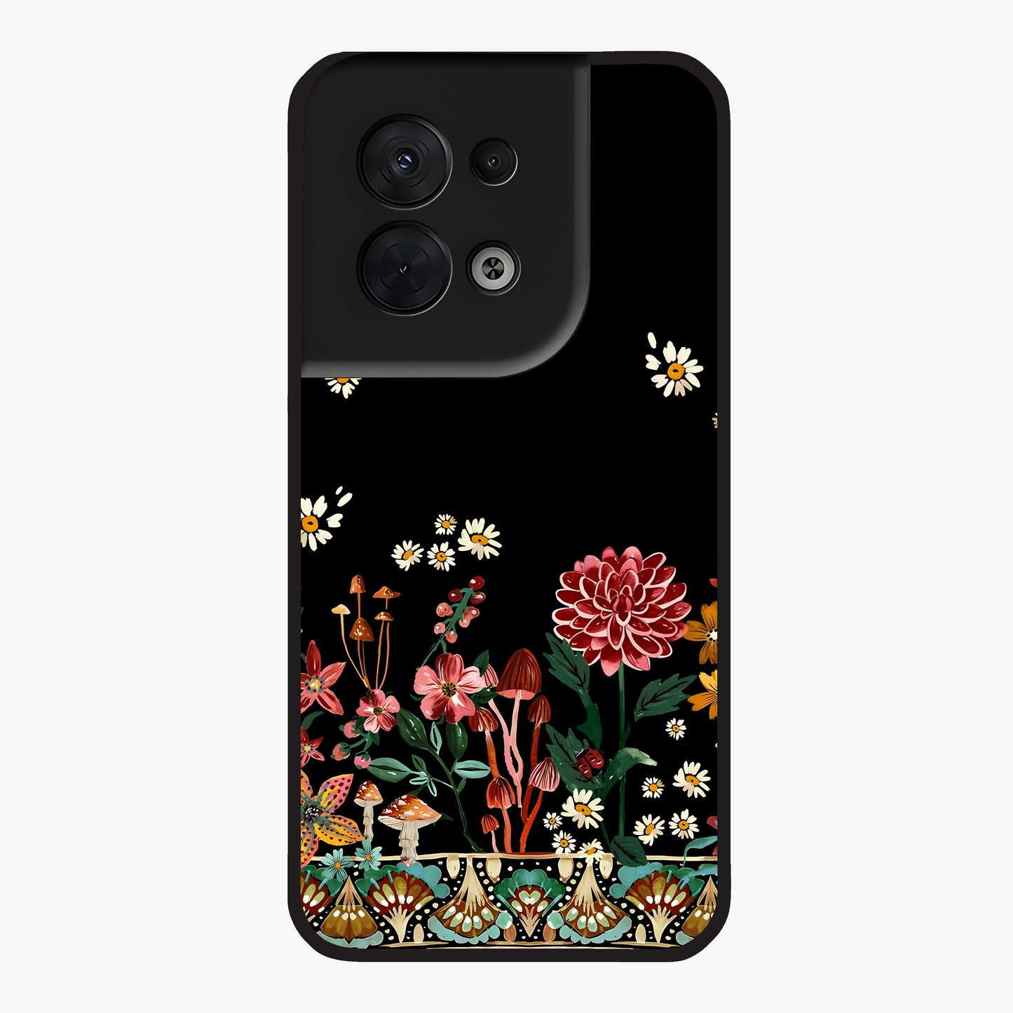 Midnight Bloom Pattern Glass Case showing flat back view with dark floral pattern artwork and glossy glass finish.
