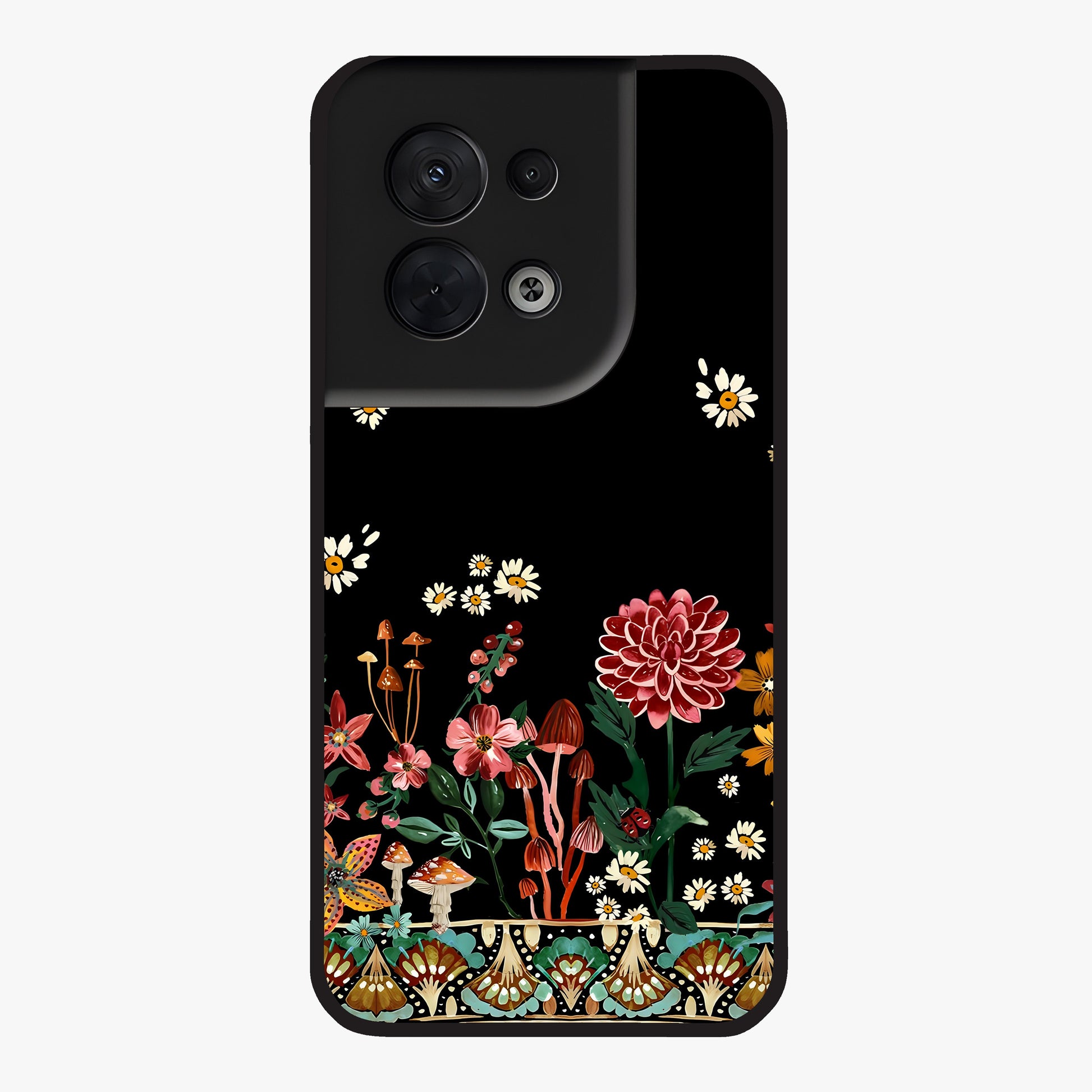 Midnight Bloom Pattern Glass Case showing flat back view with dark floral pattern artwork and glossy glass finish.