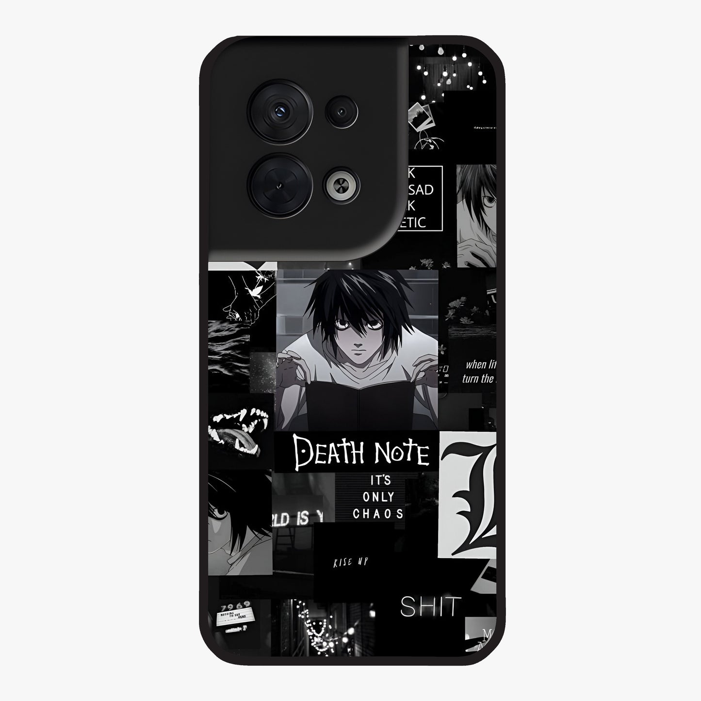 Midnight Chaos Mind Glass Case showing flat back view with abstract dark themed artwork and glossy glass finish.