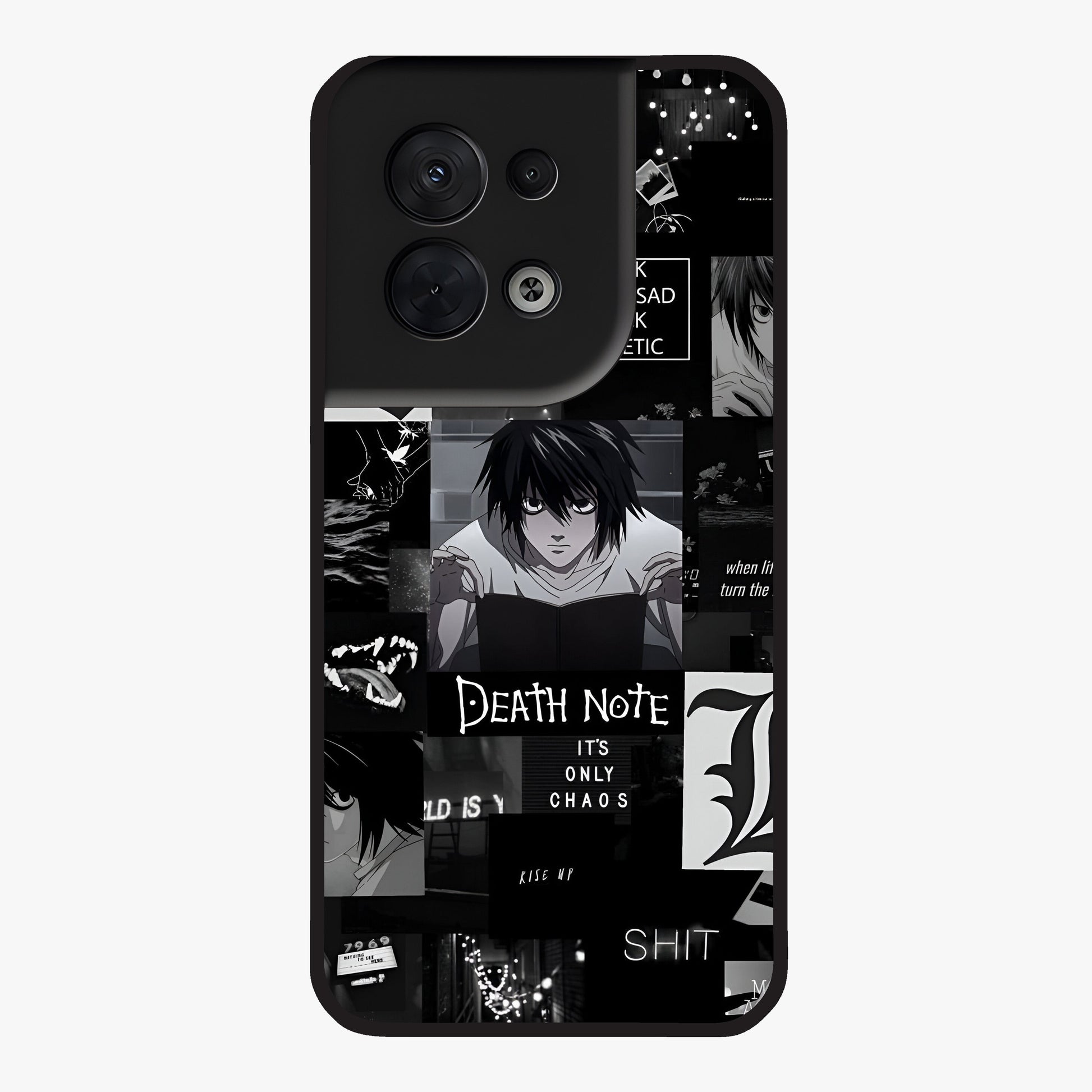 Midnight Chaos Mind Glass Case showing flat back view with abstract dark themed artwork and glossy glass finish.