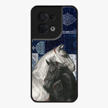 Midnight Stallion Blues Glass Case showing flat back view with majestic horse artwork and glossy glass finish.