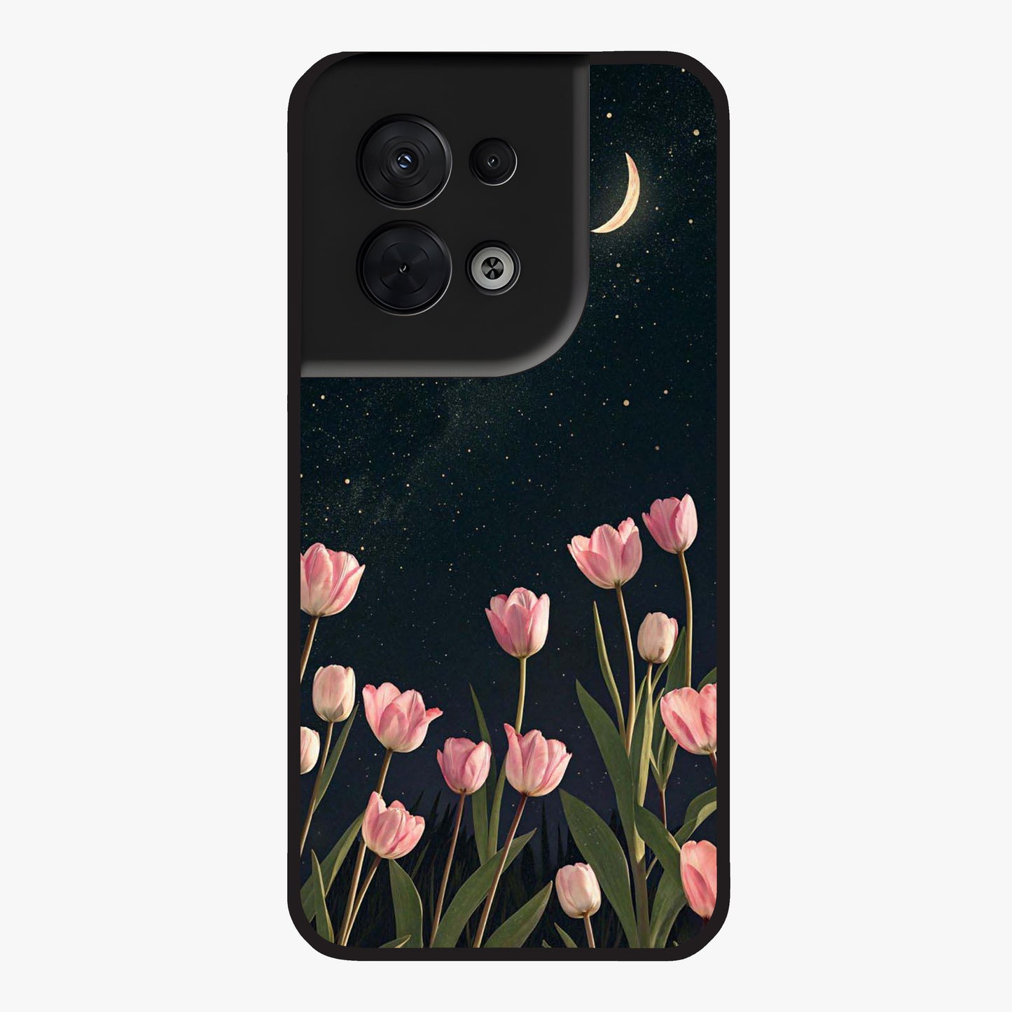 Midnight Tulip Whispers Vibe Glass Case showing flat back view with elegant tulip flower artwork and glossy glass finish.