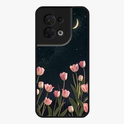 Midnight Tulip Whispers Vibe Glass Case showing flat back view with elegant tulip flower artwork and glossy glass finish.