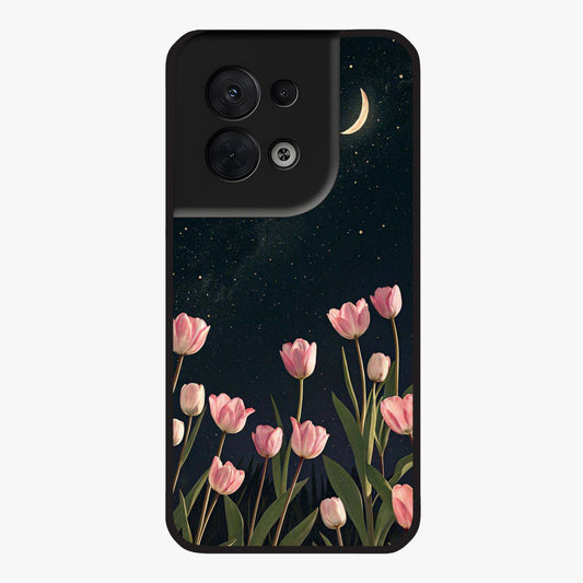 Midnight Tulip Whispers Vibe Glass Case showing flat back view with elegant tulip flower artwork and glossy glass finish.