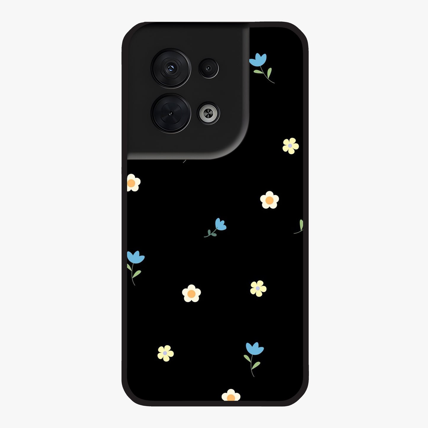 Minimalistic Blue With White Flower Pattern Glass Case showing flat back view with blue background and white flower pattern and glossy glass finish.