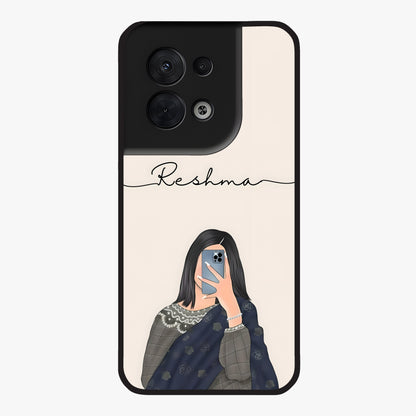 Mirror Mood Muse With Custom Name Glass Case showing flat back view with stylish mirrored artwork and personalized name design.