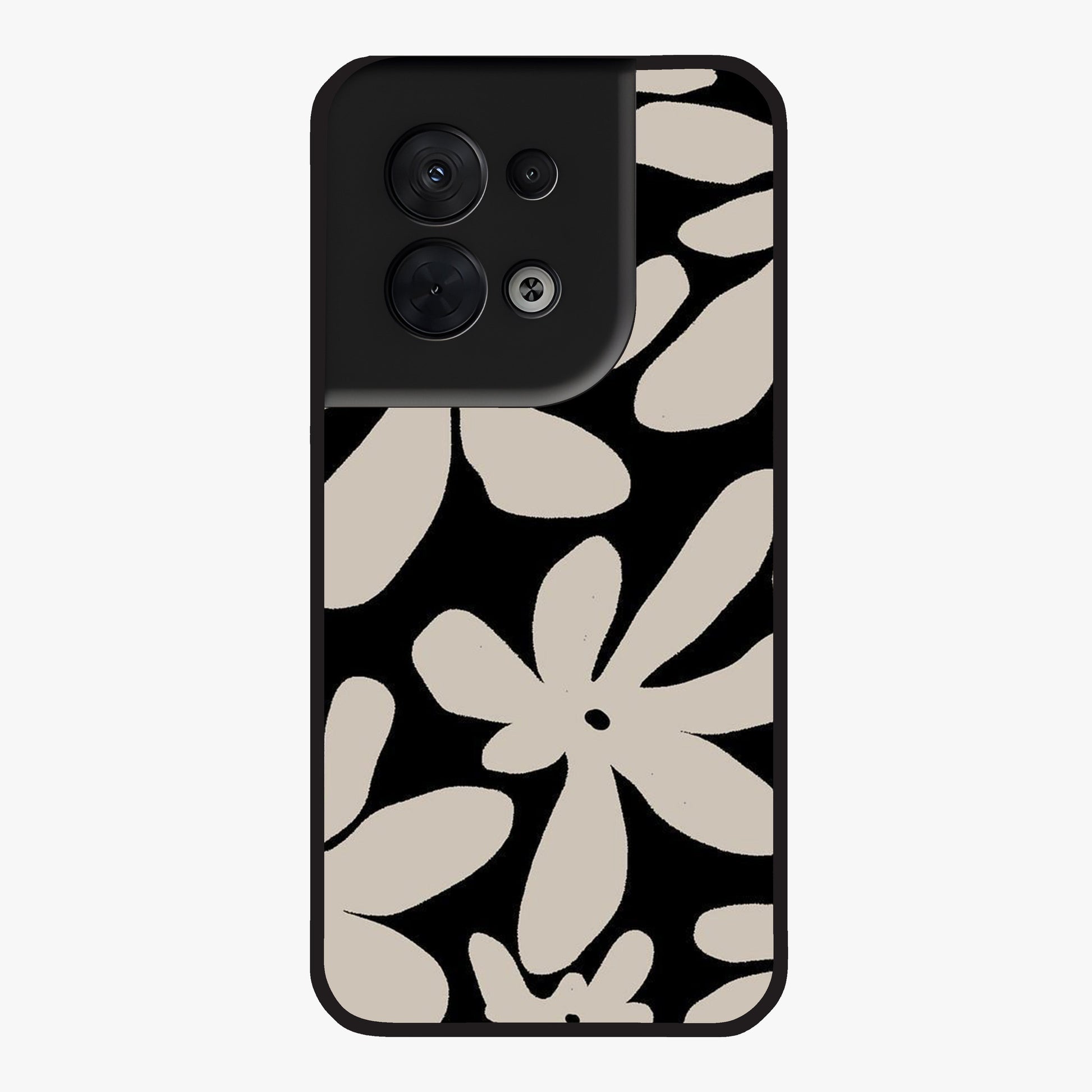 Monochrome Petal Dance Glass Case showing flat back view with monochrome floral artwork and glossy glass finish.
