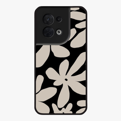Monochrome Petal Dance Glass Case showing flat back view with monochrome floral artwork and glossy glass finish.