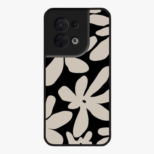 Monochrome Petal Dance Glass Case showing flat back view with monochrome floral artwork and glossy glass finish.