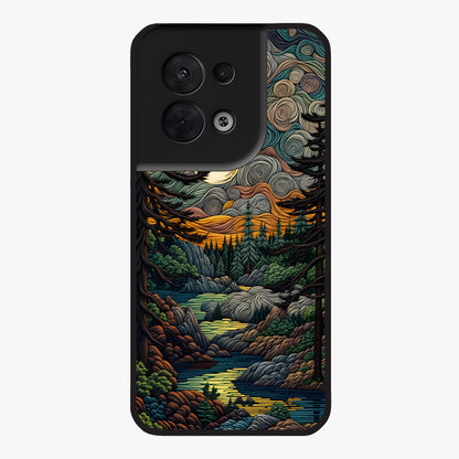 Moonlight Forest Dream Glass Case showing flat back view with mystical forest moonlight artwork and glossy glass finish.