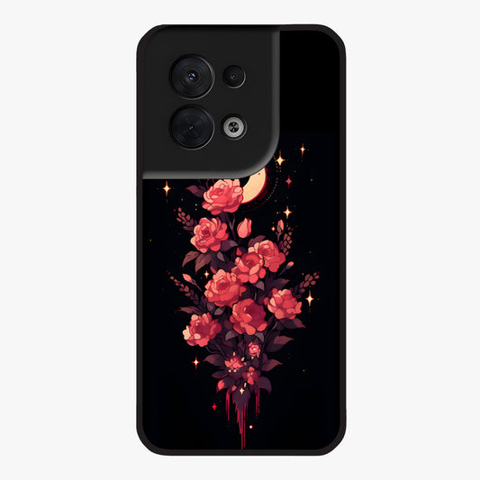 Moonlit Floral Elegance Glass Case showing flat back view with elegant floral artwork under moonlit tones and glossy glass finish.