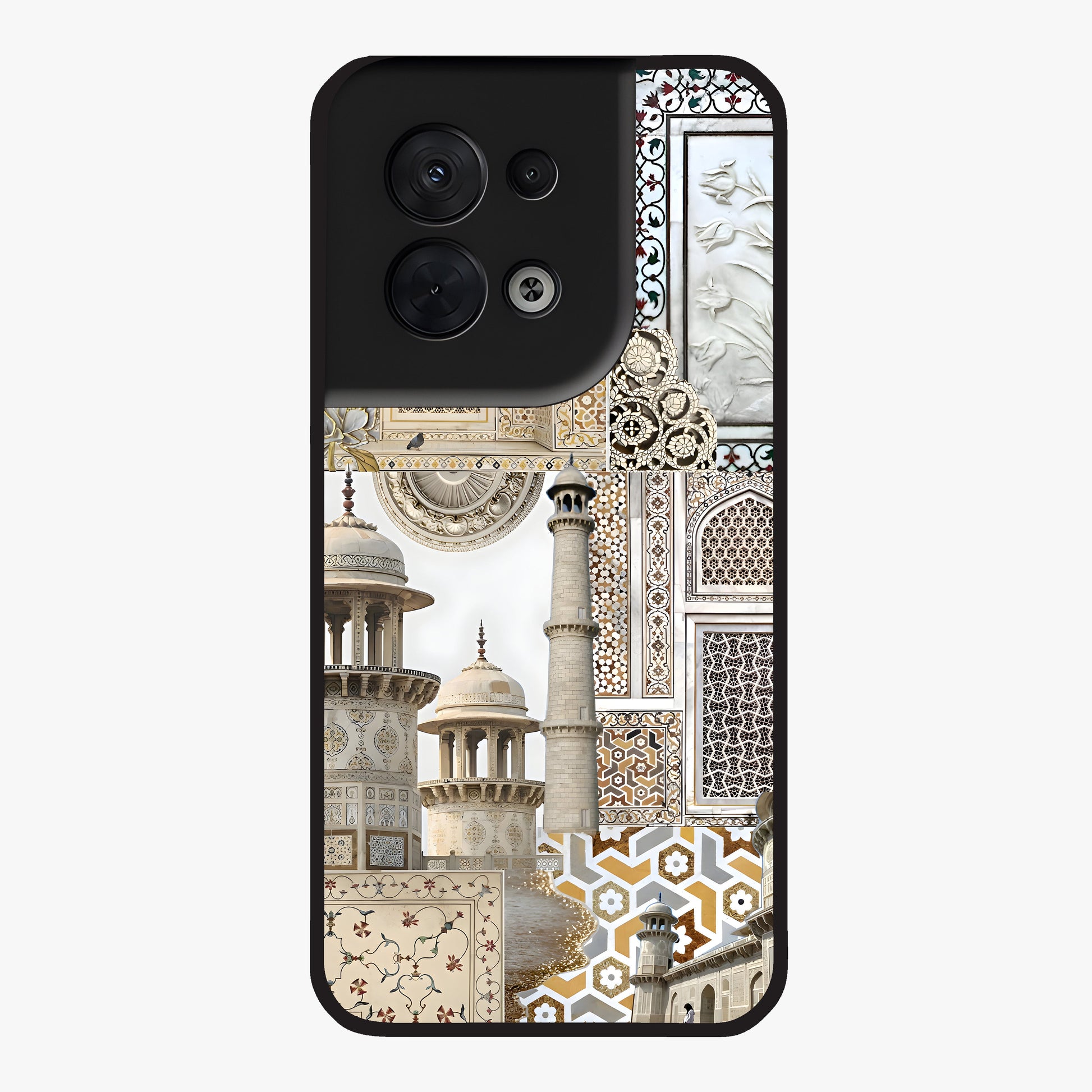 Mughal Marble Legacy Glass Case showing flat back view with intricate Mughal inspired marble pattern and glossy glass finish.