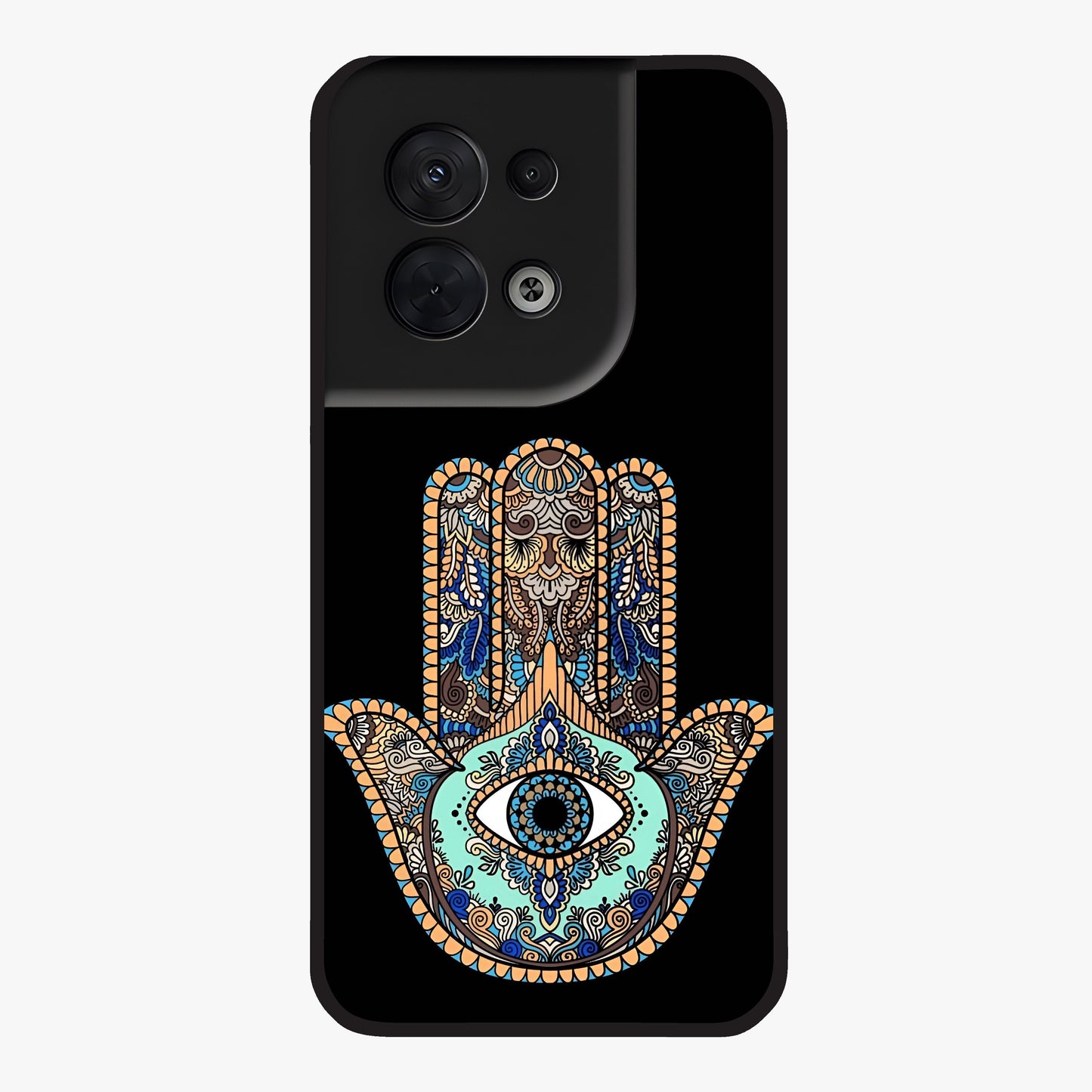 Mystic Hamsa Eye Glass Case showing flat back view with protective hamsa hand and evil eye artwork and glossy glass finish.