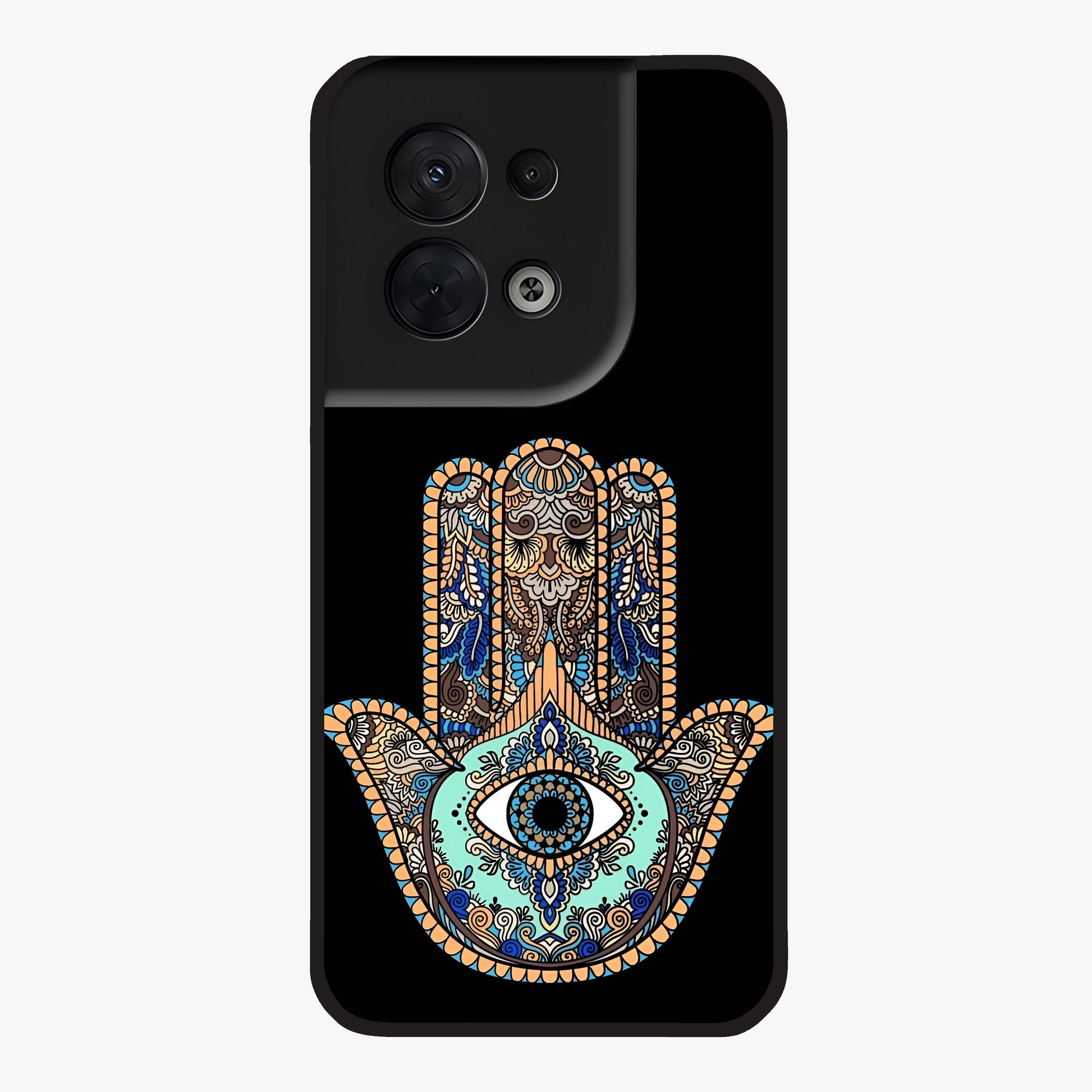 Mystic Hamsa Eye Glass Case showing flat back view with protective hamsa hand and evil eye artwork and glossy glass finish.