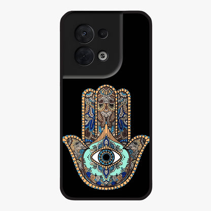 Mystic Hamsa Eye Glass Case showing flat back view with protective hamsa hand and evil eye artwork and glossy glass finish.