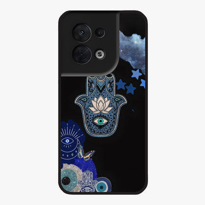 Mystic Hand Aura Glass Case showing flat back view with mystical hand symbol artwork and glossy glass finish.