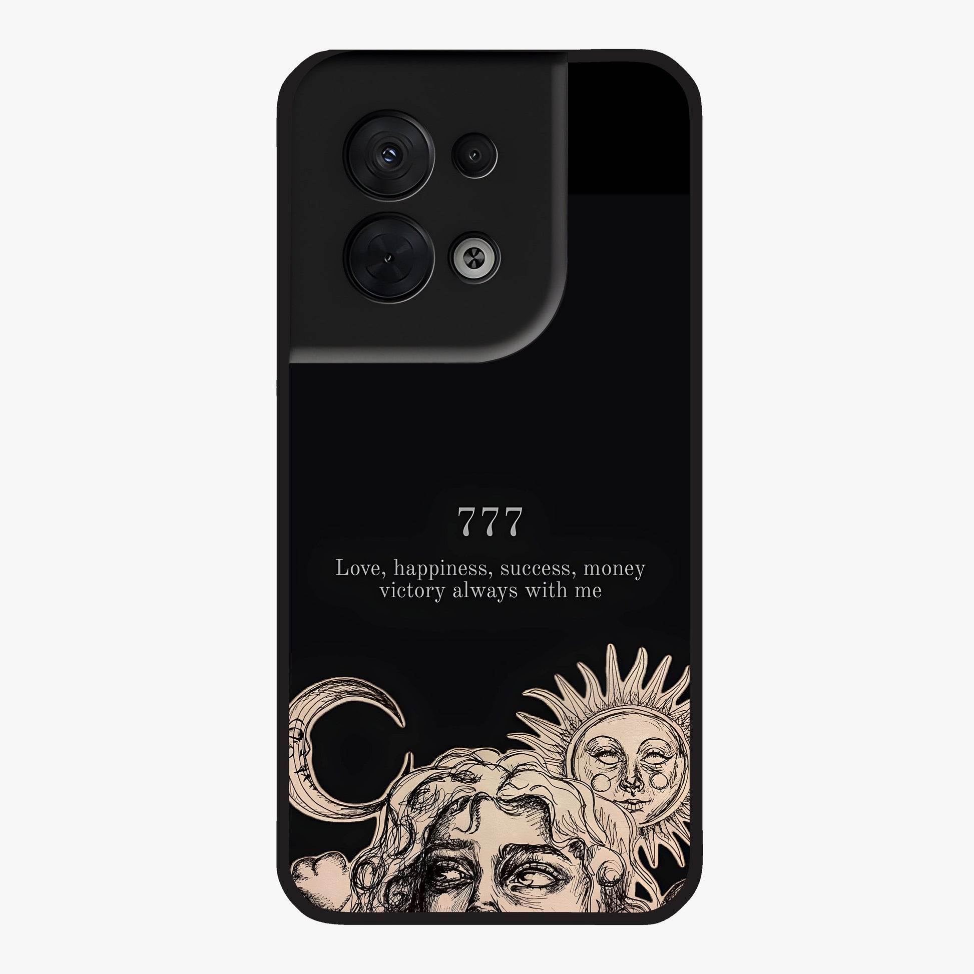 Mystic Victory Aura Glass Case showing flat back view with victory symbol artwork and glossy glass finish.
