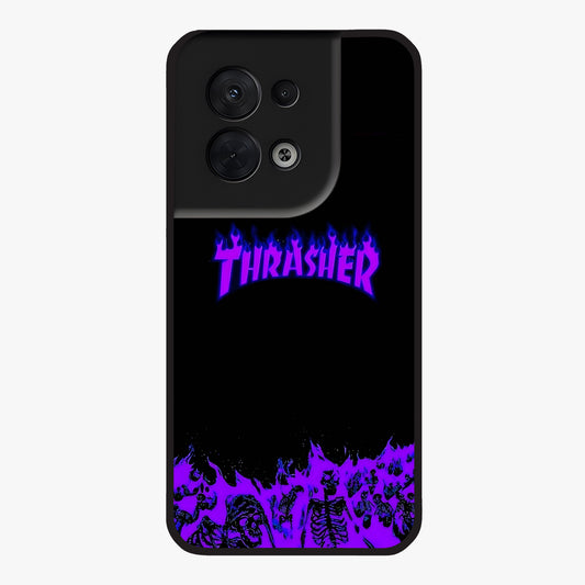 Neon Flame Riot Glass Case showing flat back view with neon flame artwork and glossy glass finish.